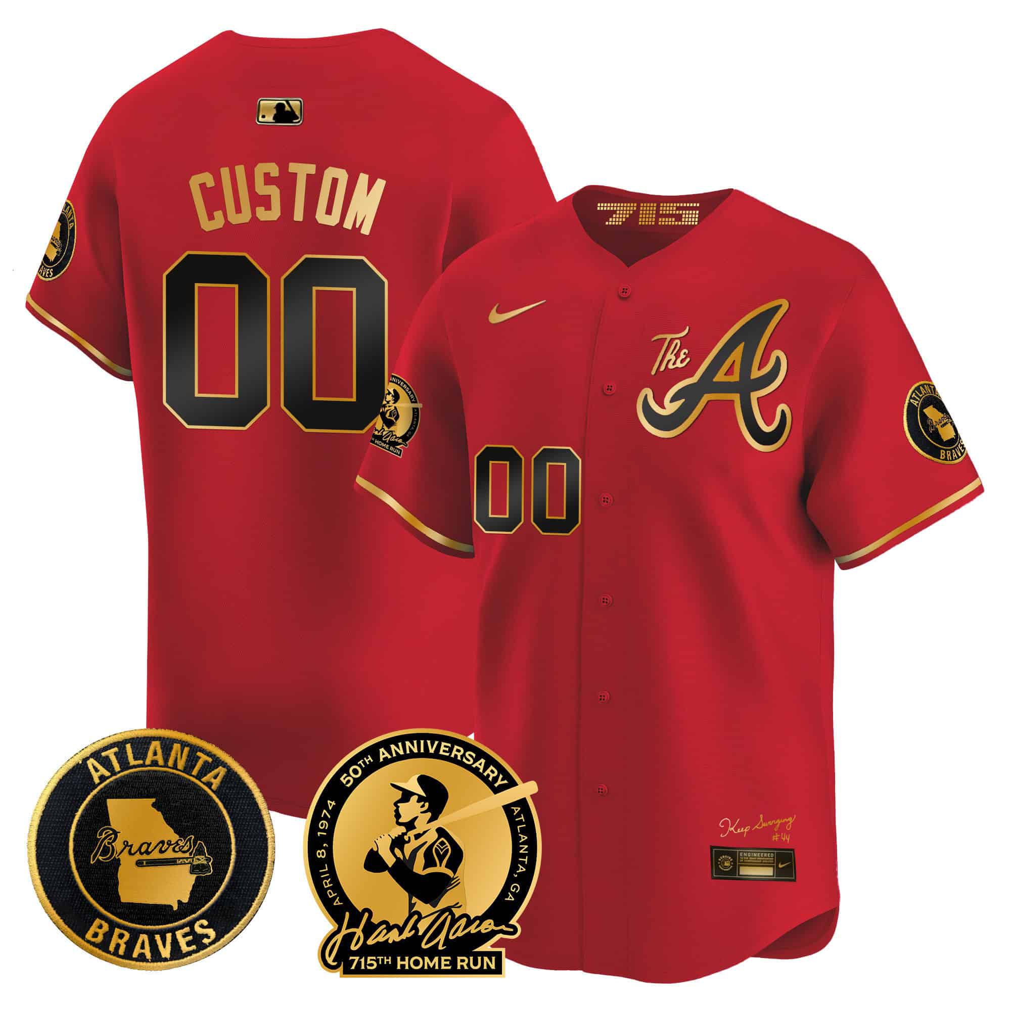 Men Atlanta Braves Red 2024 Nike Hank Aaron 715th Home Run Patch Vapor Premier Limited Custom MLB Jersey